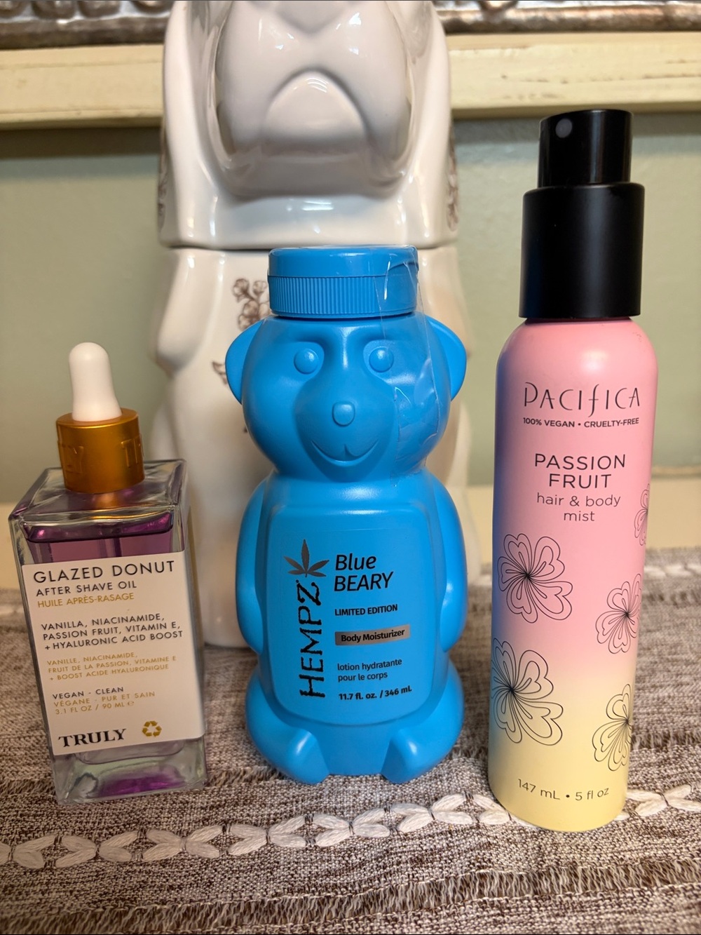 TRULY Glazed Donut after shave oil & Hempz Blue Beary body moisturizer.